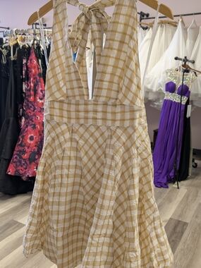 Free People Cream and Tan Gingham Tie-Back Halter Mini Dress